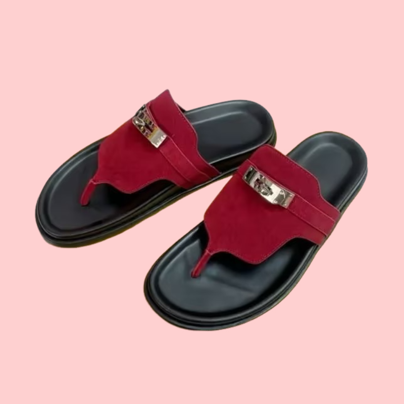 Metal-clasped Leather Flip-Flops