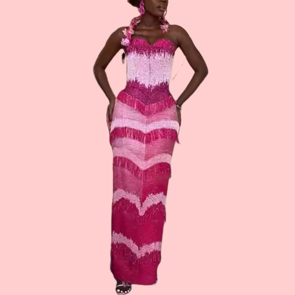 Pink Rhinestone Fringe Maxi Dress