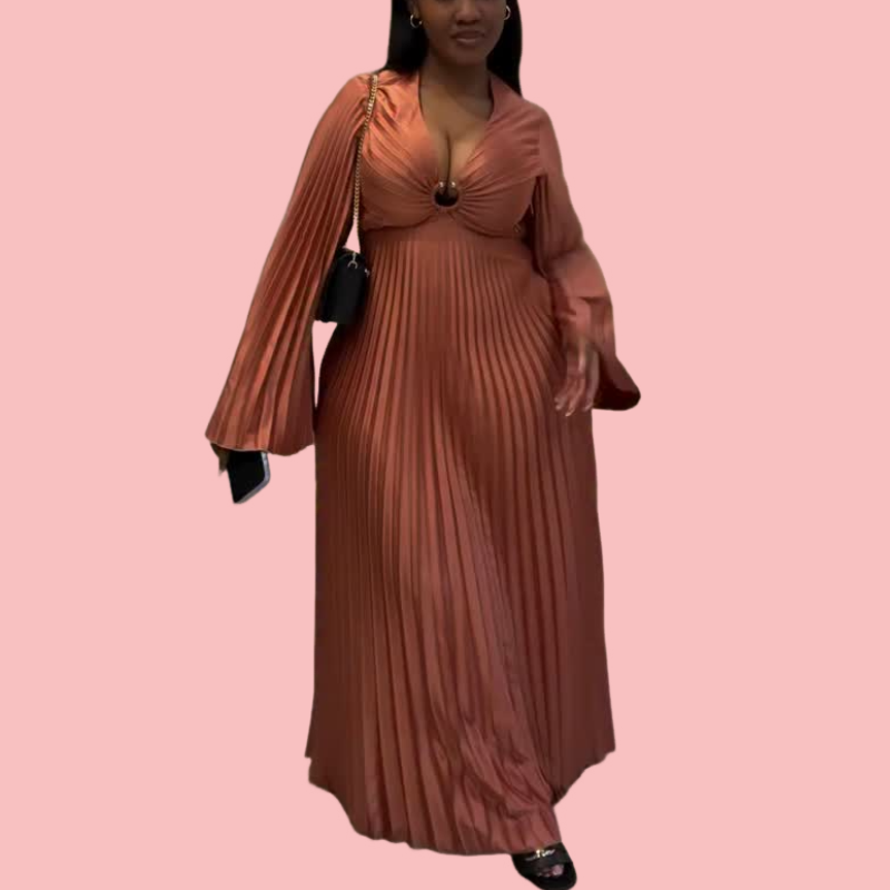 Pleated Long-Sleeved V-Neck Maxi Dress