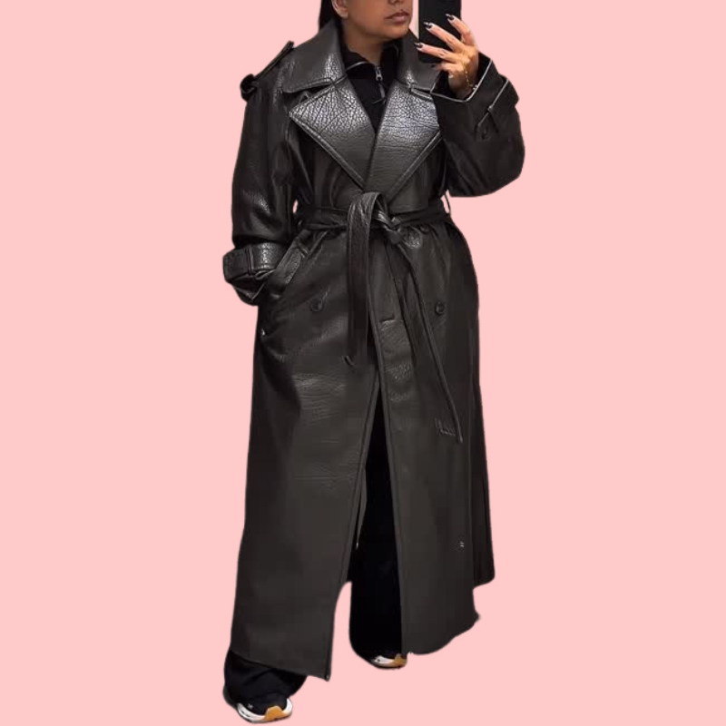 Black Leather-Trimmed Trench Coat