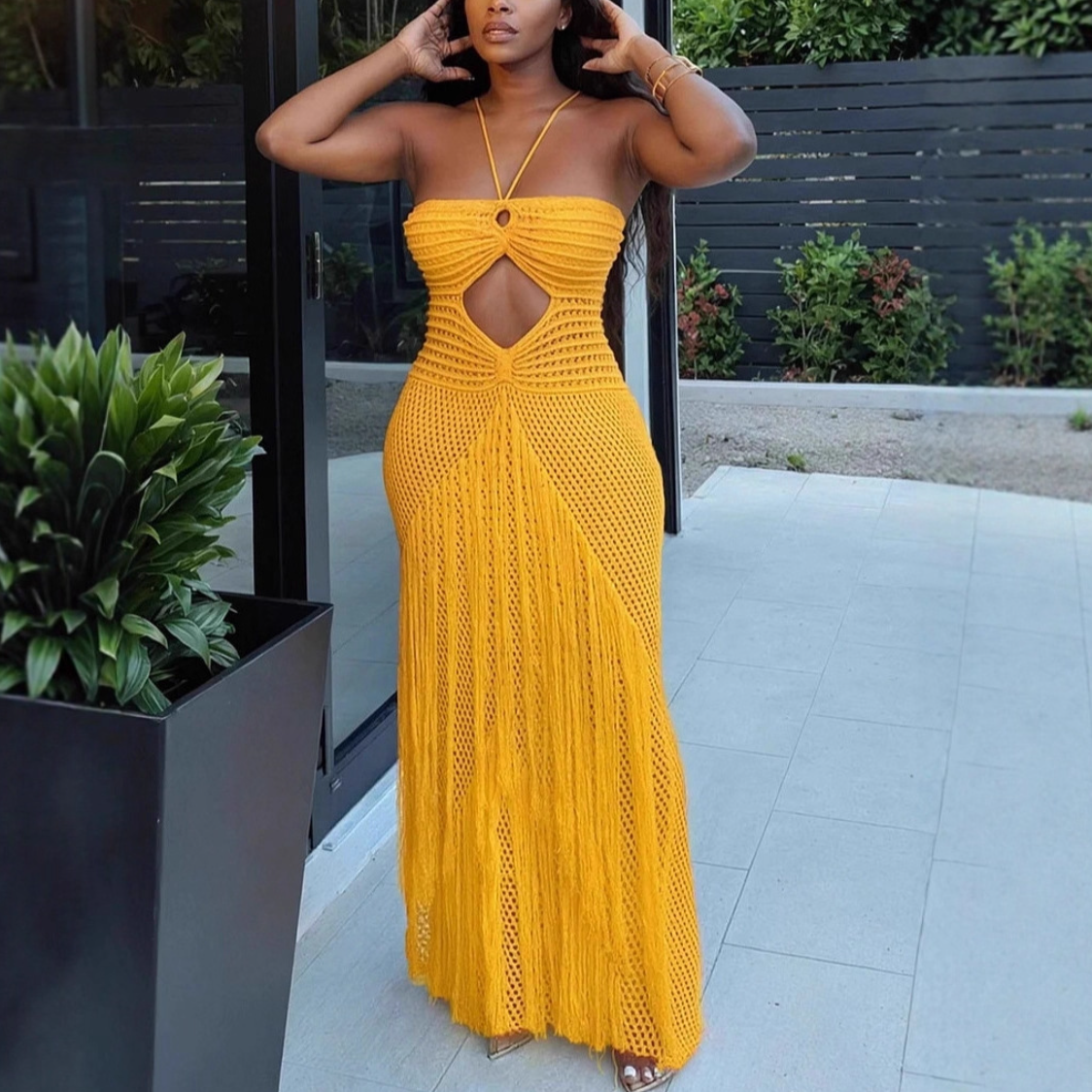 Solid-Color Cutout Fringe Halter-Neck Maxi Dress