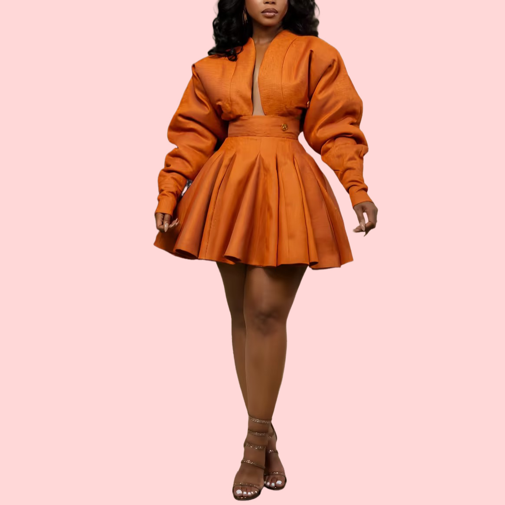 Orange Long-Sleeve Blouse & Skirt Set