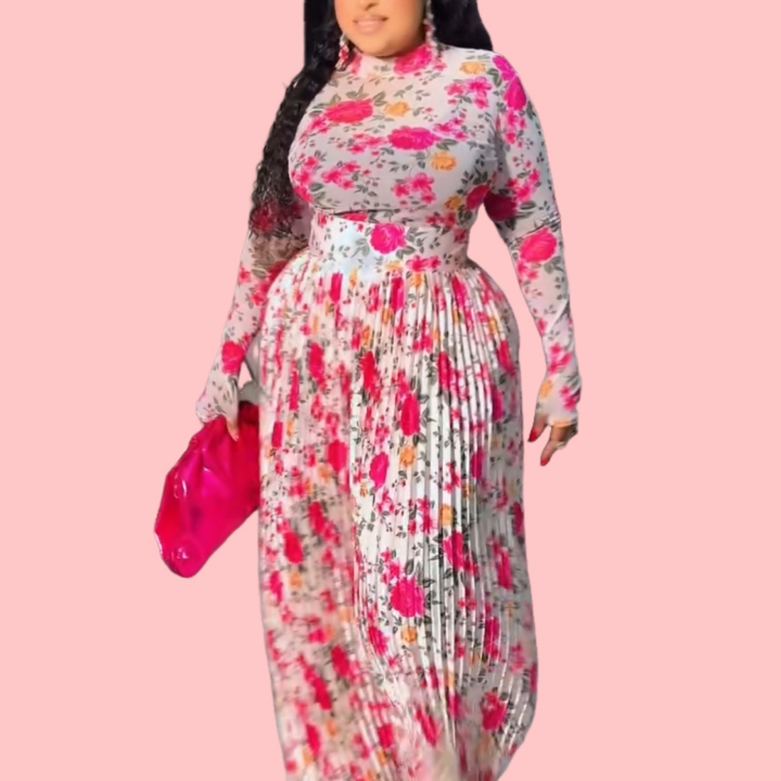 Pink Floral Pleated Maxi Dress