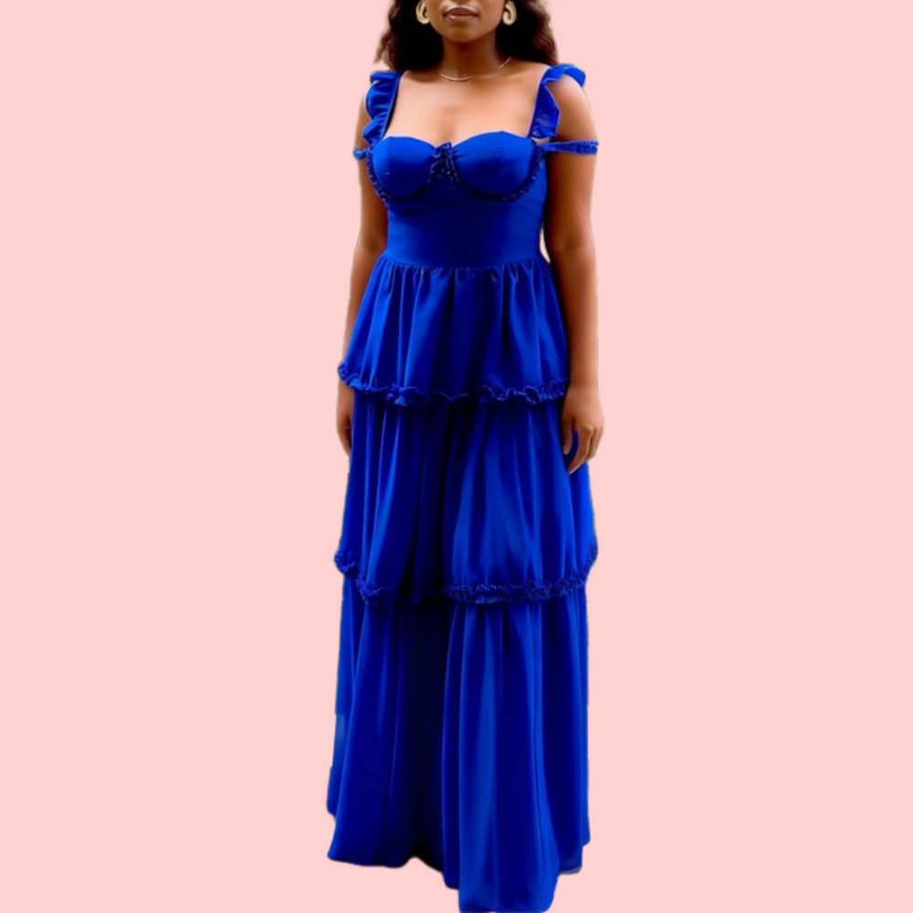 Blue Ruffle Strapless Maxi Dress
