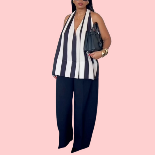 Black and White Striped V-Neck Top & Pants Set