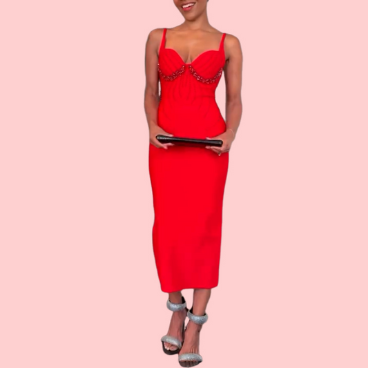 Red Rhinestone Strapless Maxi Dress