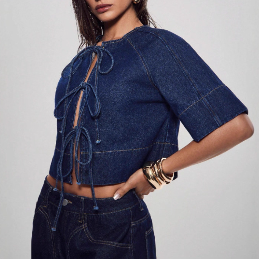 Denim Tie-Front Top & Skirt Set