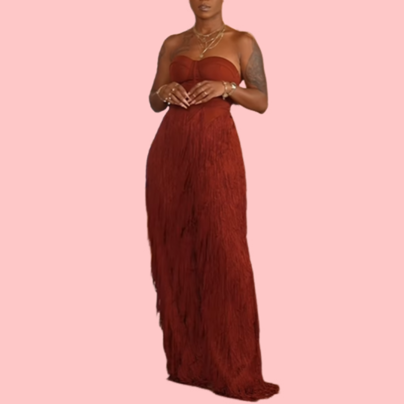 Reddish Brown Sheath Top & Fringed Pants Set