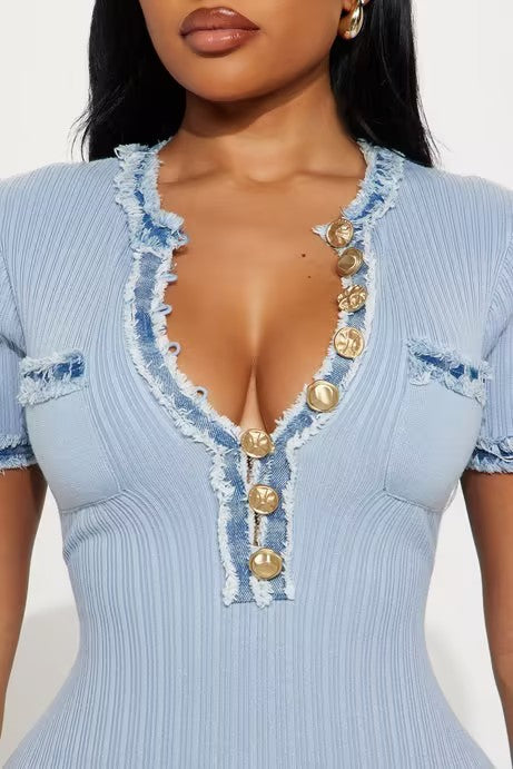Knit Button-Up Short-Sleeve Fitted Maxi Dress