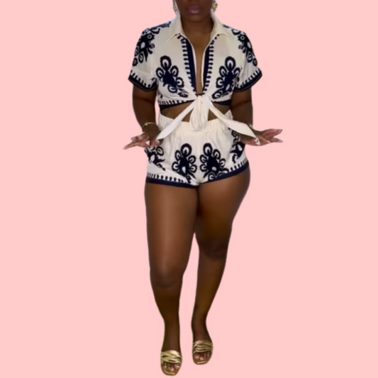 Printed Short Sleeve Strappy Top & Shorts Set