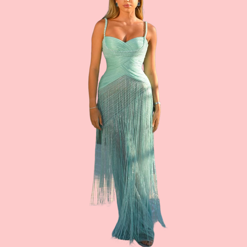 Blue Fringed Halter Maxi Dress