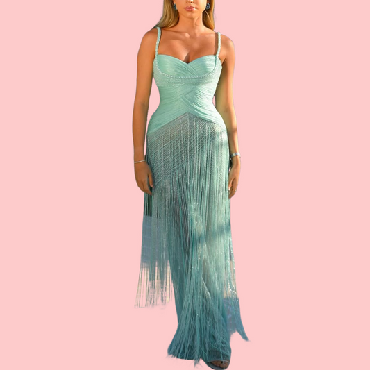 Blue Fringed Halter Maxi Dress