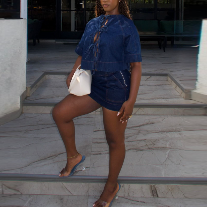 Denim Tie-Front Top & Skirt Set