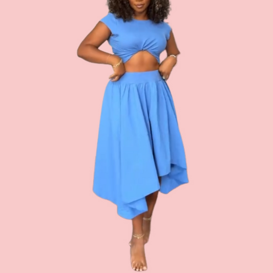 Blue Short-Sleeve Top & Pleated Skirt Set