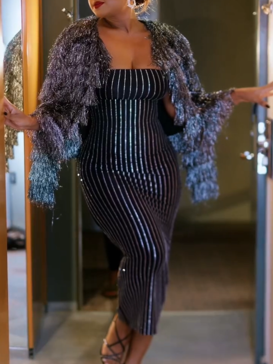 Black Strapless Dress with Shimmering Stripes