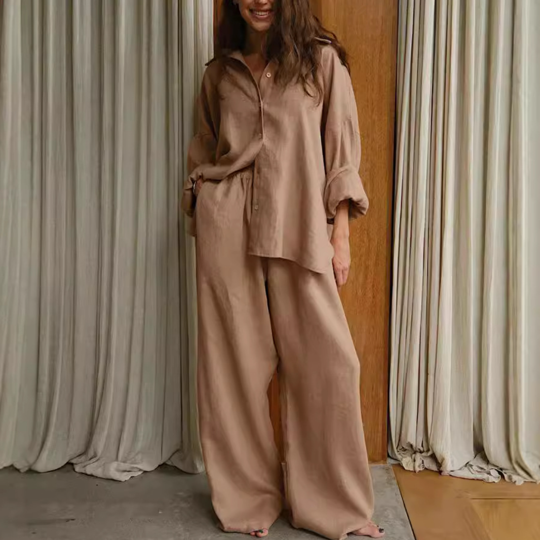 Solid-Color Long-Sleeve Shirt and Pants Set