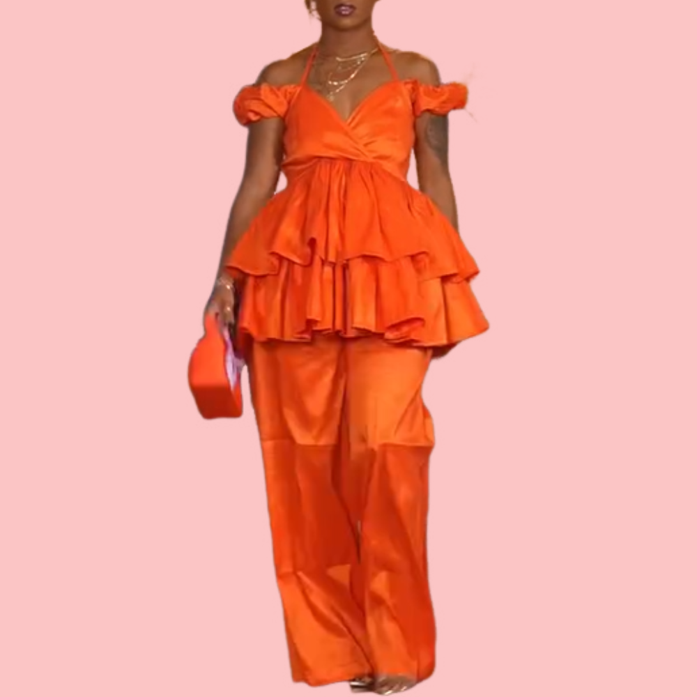 Orange Ruffled Blouse & Trouser Set