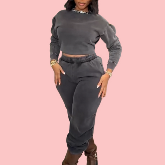 Rhinestone Collar Washed Hoodie Set