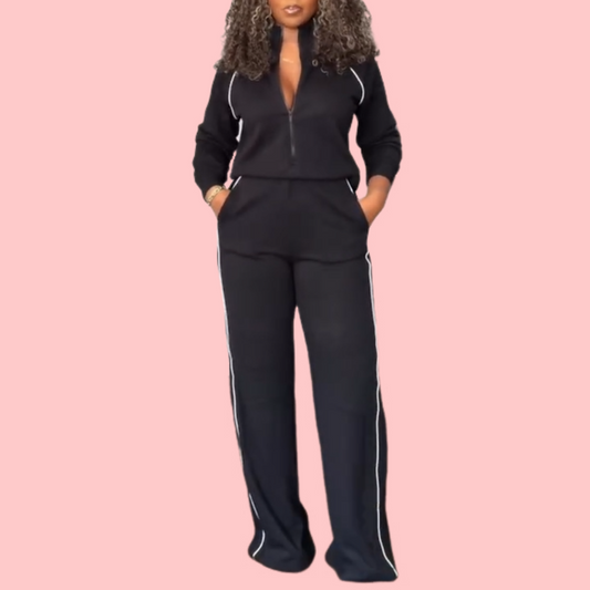 Solid Color Half-Zip Long Sleeve Top & Pants Set
