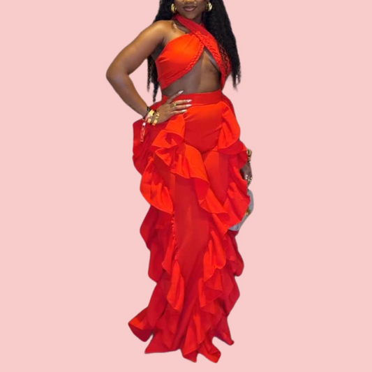 Red Ruffle Hanging Neck Jumpsuit