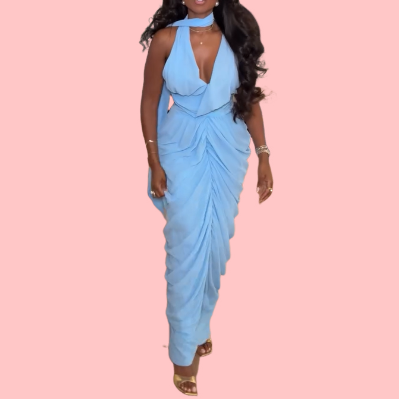 Blue V-neck Mesh Pleated Maxi Dress
