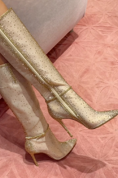 Gold Crystal Zipper Heeled Boots