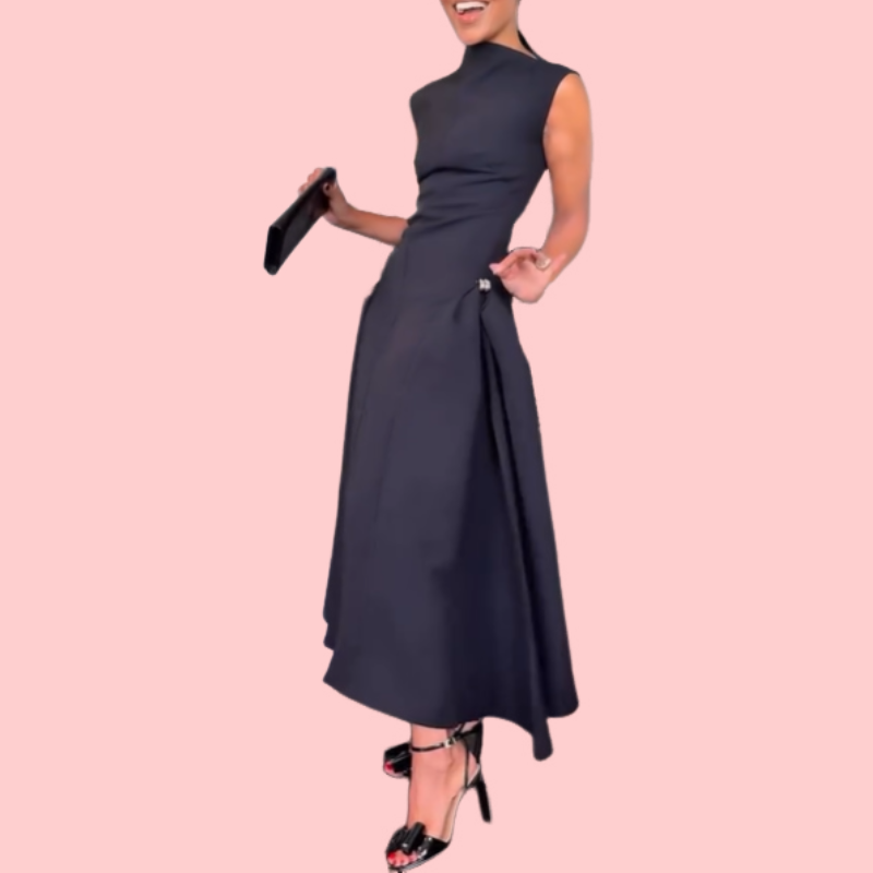Black Sleeveless Metal Button Midi Dress