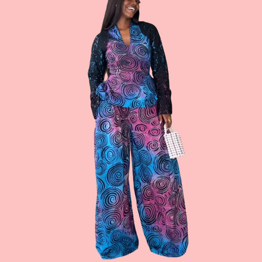 Printed Gradient V-Neck Top & Pants Set