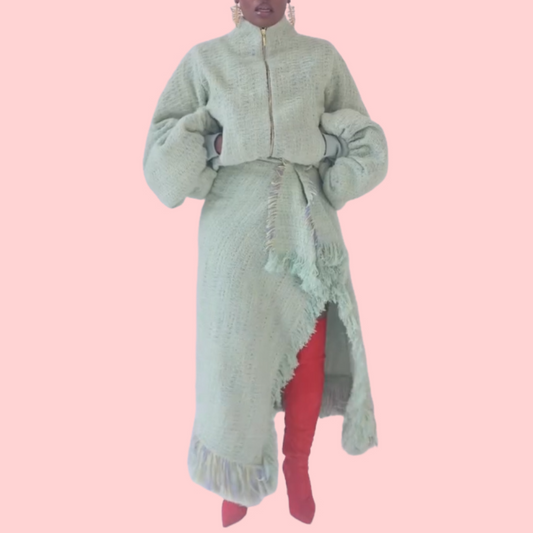 Mint Green Zipper Jacket & Fringe Skirt Set