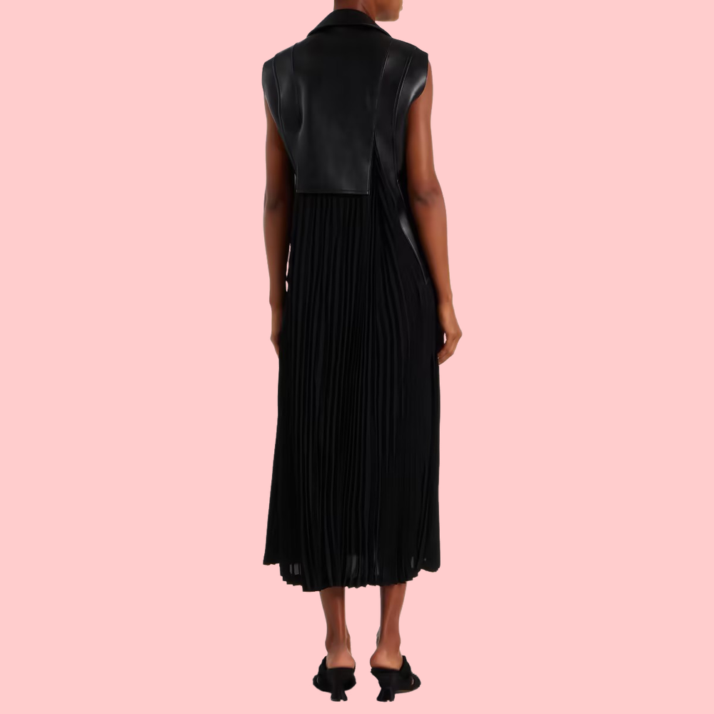 Zipper Leather Jacket Patchwork Pleated Maxi Dress