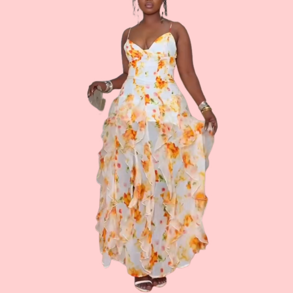 Yellow Floral Print Strapless Maxi Dress