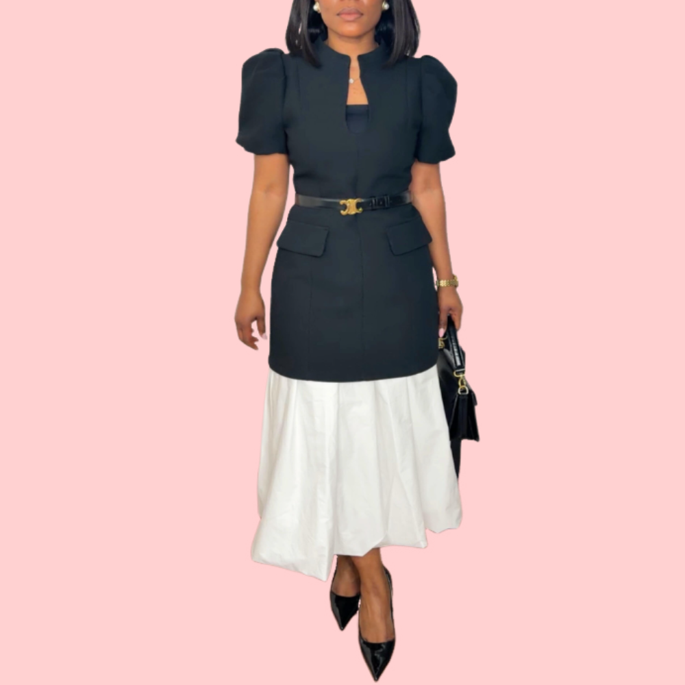 Black Puff Sleeve Pocket Dress + White Skirt