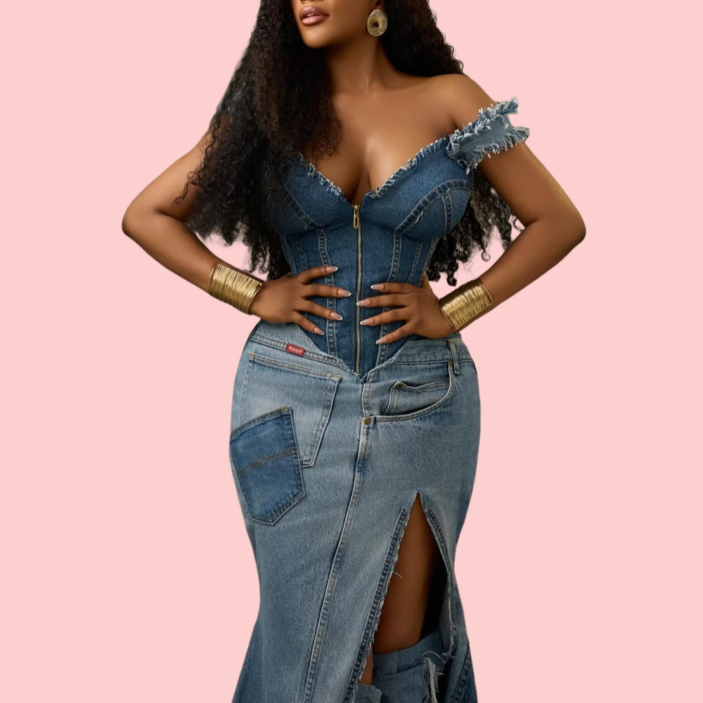 Denim Patchwork Zipper Maxi Dress