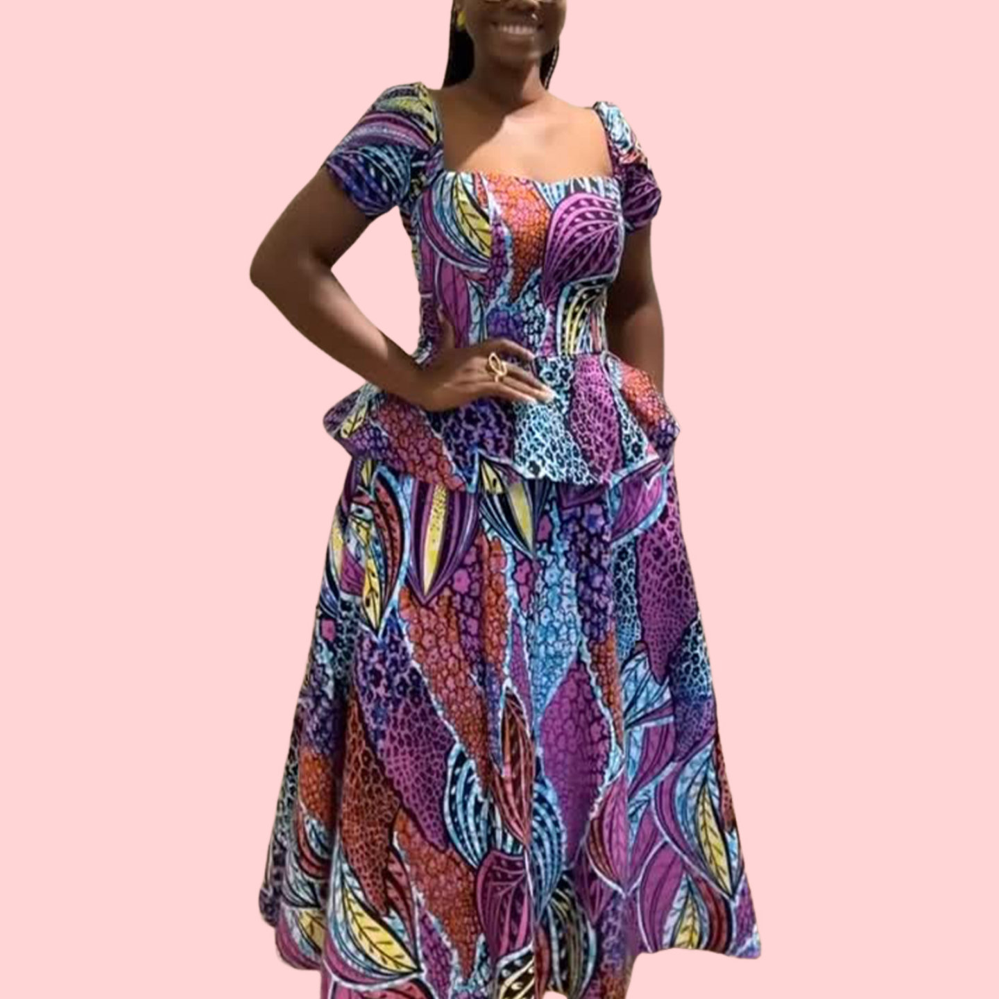 Purple Floral Print Short-Sleeve Maxi Dress