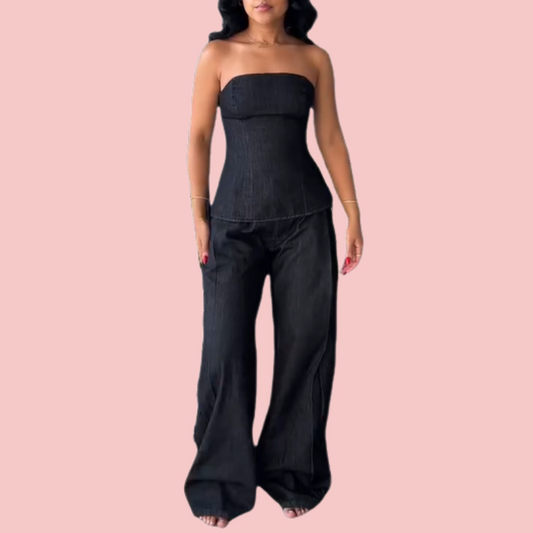 Black Denim Sheath Top & Jeans Set