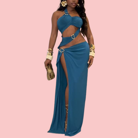 Blue Cutout Metal Buckle Maxi Dress