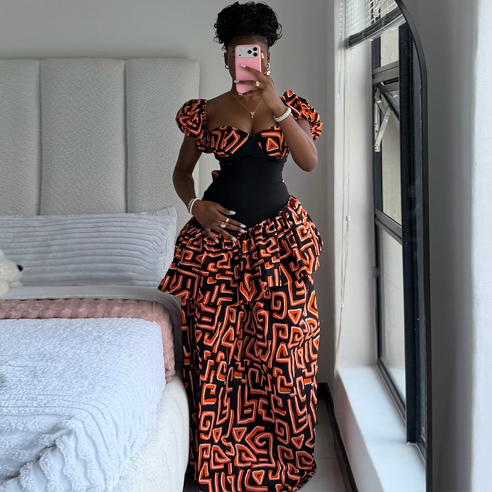 Puff-Sleeve Off-the-Shoulder Fitted Gown