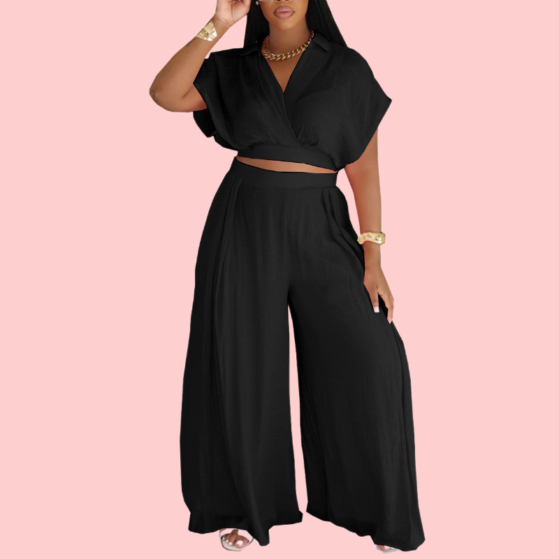 Solid Color V-Neck Mesh Two-Piece Set
