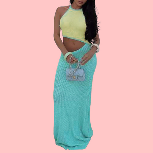 Knit Colorblocked Half-body Skirt Set
