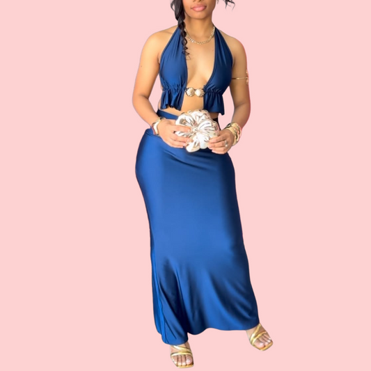 Blue Cutout Satin Top & Skirt Set