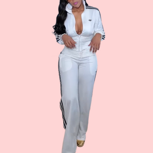 White Striped Zipper Jacket & Pants Set