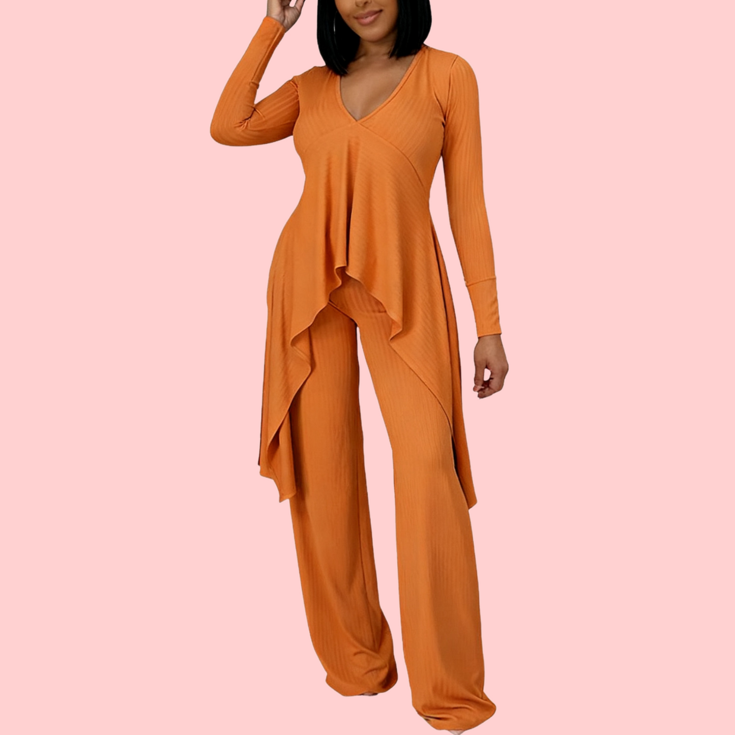 Solid-Color V-Neck Ribbon Two-Piece Set