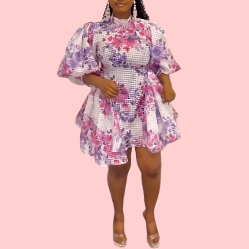 Floral Print Bubble Sleeve Mini Dress