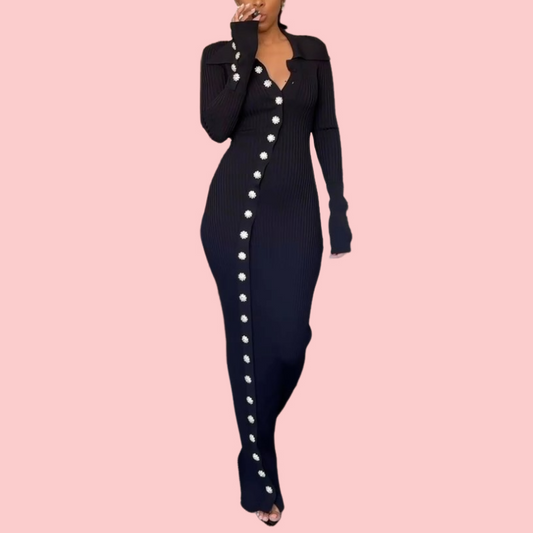 Black Knit Daisy Button Maxi Dress