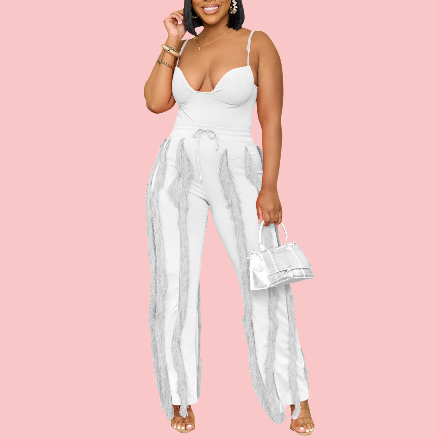 Solid-Color Strapless Top & Fringe-Trimmed Pants Set