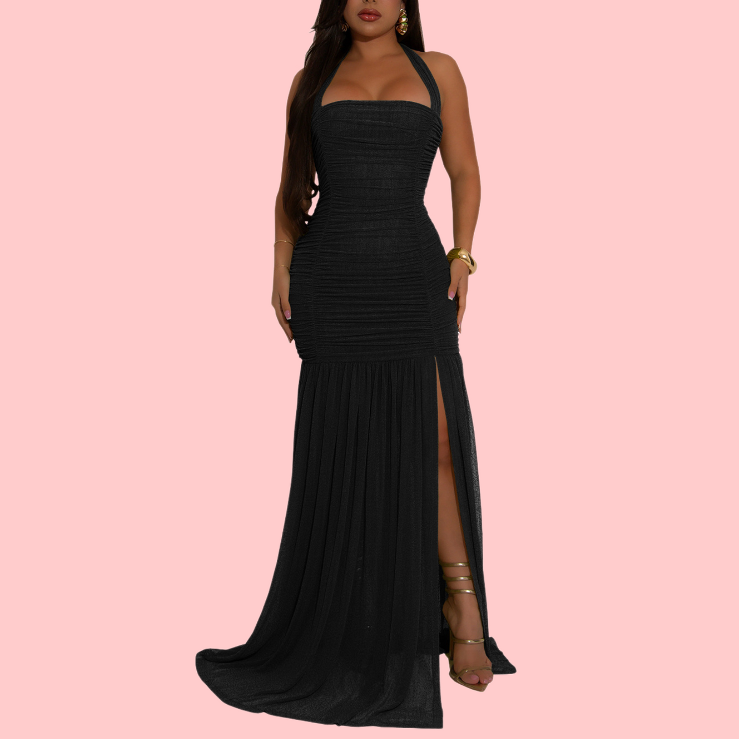 Solid Color Mesh Sling Split Maxi Dress