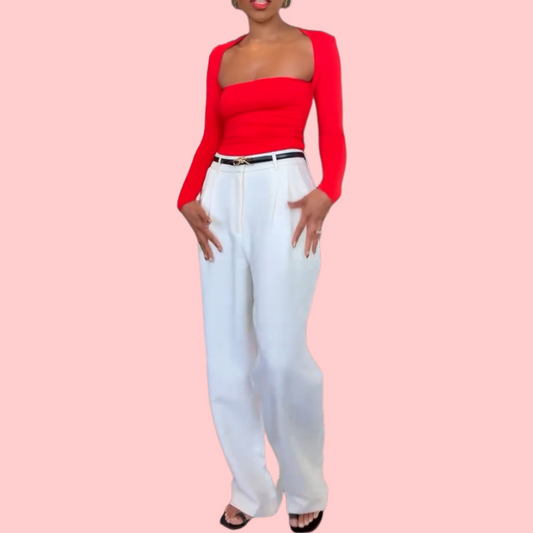 Solid-Color Stretch Off-the-Shoulder Top & Casual Trousers Set