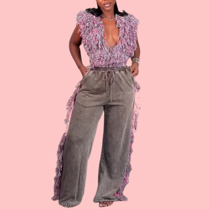 Faux Fur V-Neck Vest & Fringe Pants Set