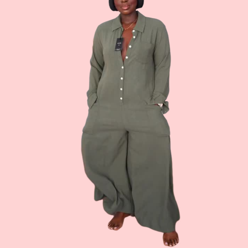 Loose Button Long Sleeve Jumpsuit