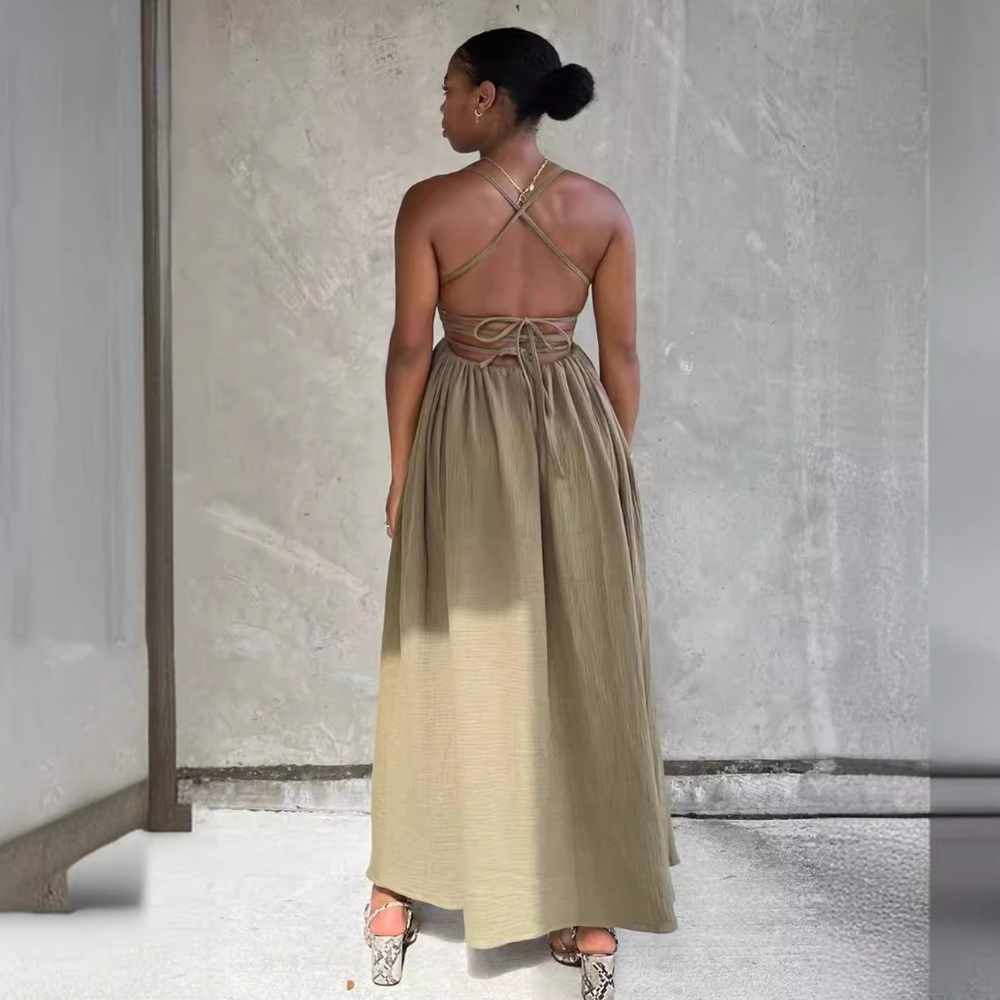 Khaki Strapless Halter Backless Dress